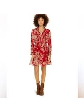 Denim & Supply Ralph Lauren Red Floral Pleated-Bib Mini Dress Ruffle Neck Size L